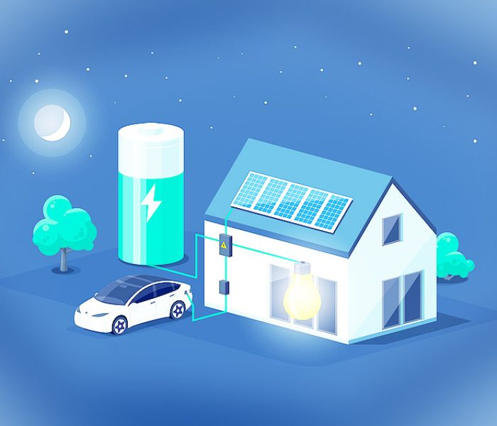 Home electricity scheme with battery energy storage system power modern house at night. photovoltaic solar panels and rechargeable li-ion backup. Electric car charging on renewable off-grid system.